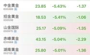 黄金板块走弱，山东黄金、中金黄金、赤峰黄金均跌超5%